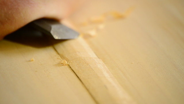 Luthier, carpenter or craftsman with chisel, close up.