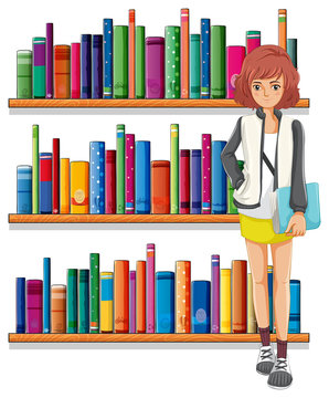 A lady holding a book standing in front of the bookshelves
