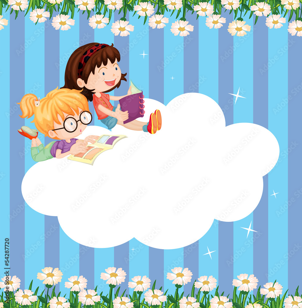 Poster an empty cloud template with two girls reading