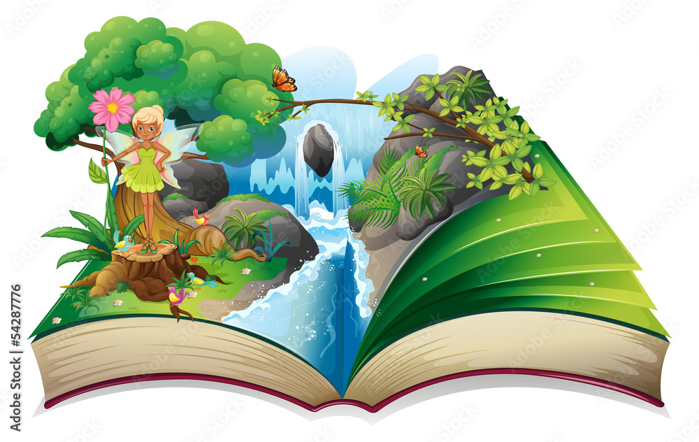 Poster a book with an image of nature with a fairy