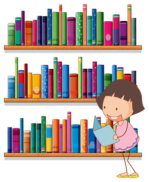 A smiling young girl reading in front of the bookshelves