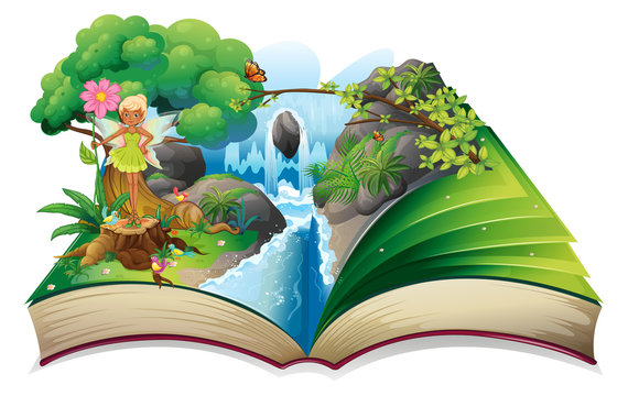 A book with an image of nature with a fairy