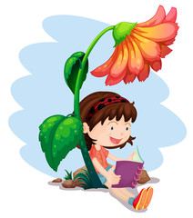 Obraz na płótnie Canvas A girl reading a book below the giant flower