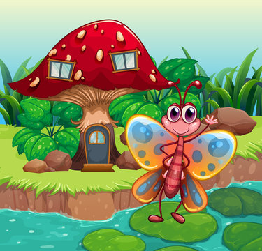 A giant mushroom house near the river with a butterfly