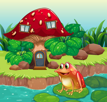 A giant mushroom house near the river with a frog