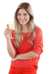 Woman holding white wine glass