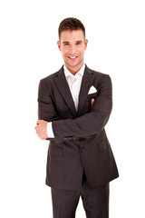 Young business man with an umbrella checking the rain on