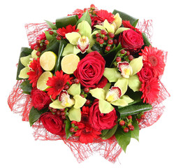 Floral compositions of red roses, red gerberas and orchids.