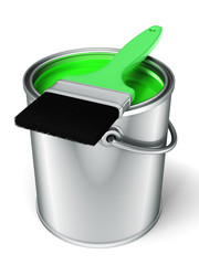 3d render light green paint can and paint brush