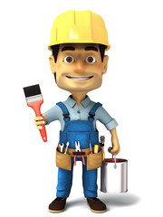 3d render handyman with paint can and paint brush