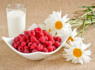 Raspberry on the plate and milk