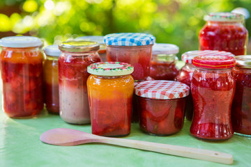 Homemade strawberry jam in different jars
