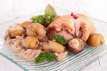cooked meat with chestnut and mushrooms
