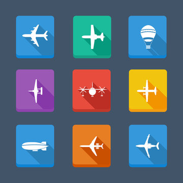 Vector collection airplane and gray silhouettes. Set icons