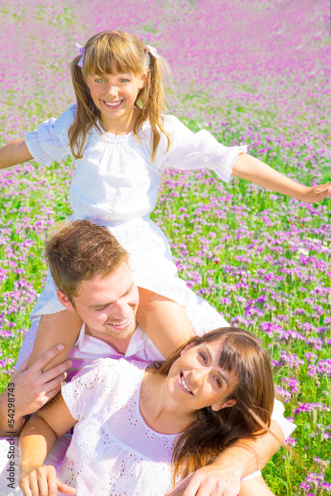 Poster young family on floral texture