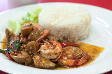 Thai spicy food prawns fried with chilies.