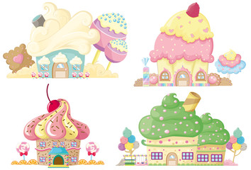 Colorful fantasy cupcake cartoon houses, candy house set. Cupcake house vector cartoon, pastel color.