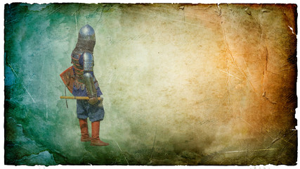 Armored knight with battle-axe - retro postcard - obrazy, fototapety, plakaty
