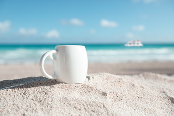 white espresso coffee cup with ocean , beach and seascape - 54314378