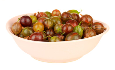 Fresh gooseberries in bowl isolated on white