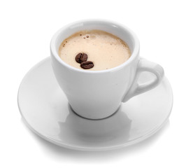 Cup of coffee with coffee beans, isolated on white