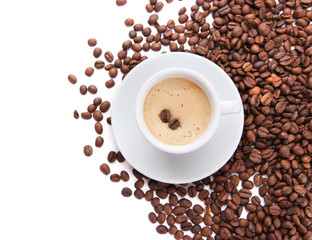 Cup of coffee with coffee beans, isolated on white