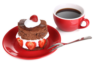 Chocolate cake with strawberry isolated on white