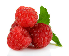 Ripe sweet raspberries isolated on white