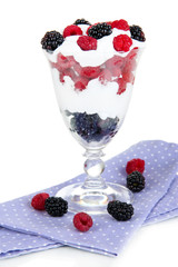 Natural yogurt with fresh berries isolated on white