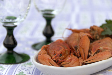 Crayfish crab crawfish red on a platter