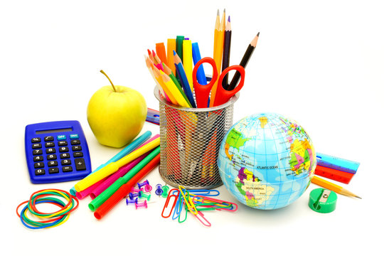 Colorful School Tools on Green Background with Back to School Text