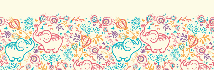 Vector Elephants With Flowers Horizontal Seamless Pattern