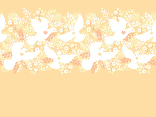 Vector wedding doves among flowers horizontal seamless pattern