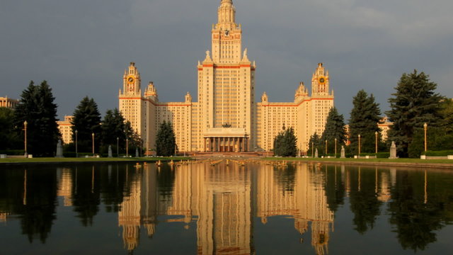 morning Moscow State University fountain time lapse pan