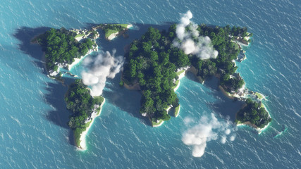 World map on the water, island with  trees and clouds.