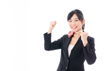 young asian businesswoman cheering on white background