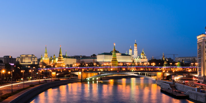 Stunning night view of Moscow Kremlin in summer, Russia