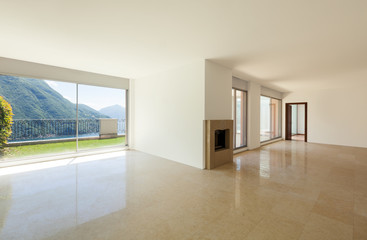 Interior apartment with garden, large room with fireplace