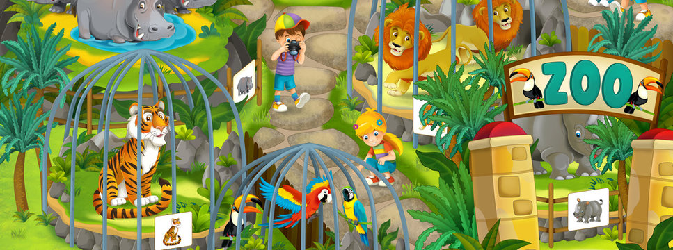 Fototapeta Cartoon zoo - amusement park - illustration