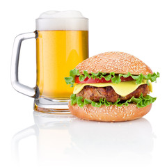 Hamburger and Mug of beer isolated on white background