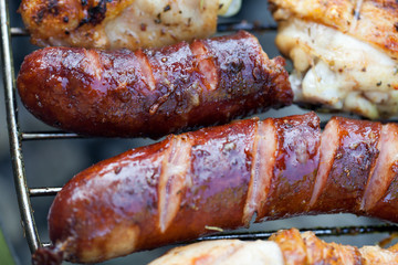 barbecue with delicious grilled meat on grill