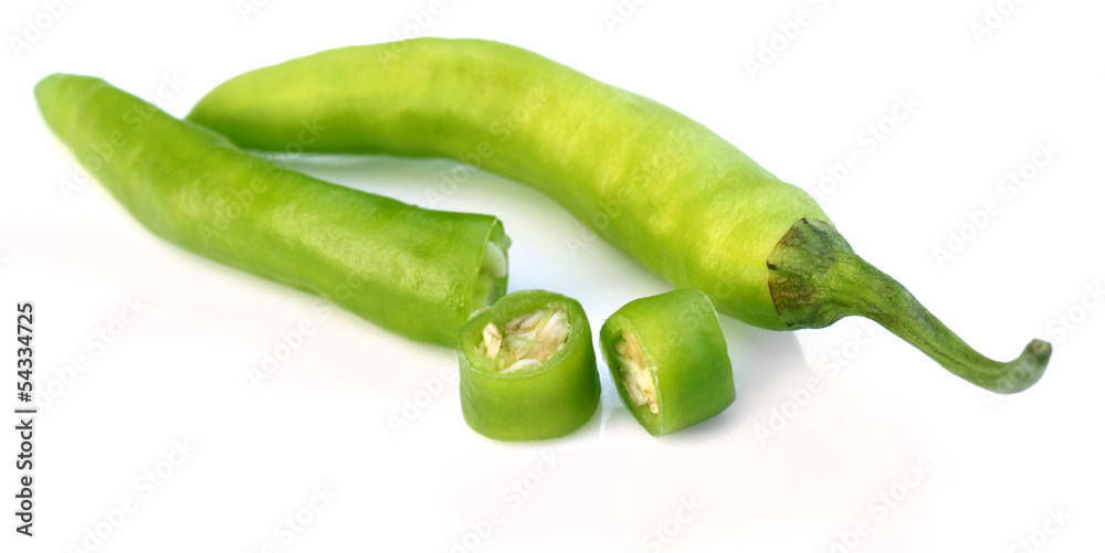 Sticker fresh green chili over white background