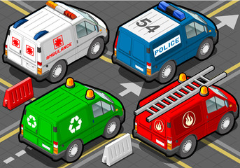 Fototapeta premium Isometric Trucks firefighters, police, ambulance, garbage