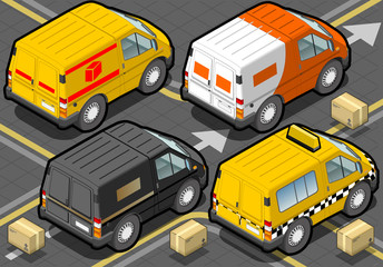 Isometric Delivery Truck and Taxi in Rear View