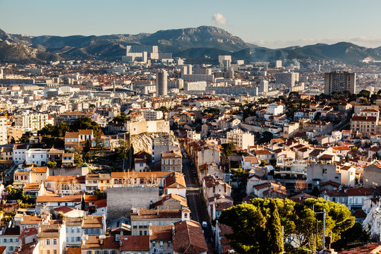 Aerial View of Marseille City and Mountains in Background, Franc
