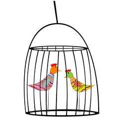 Fotobehang Vogels in kooien Twee gekleurde vogels in een kooi