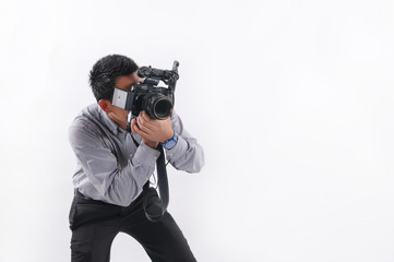 Attractive photographer with wide zoom lens