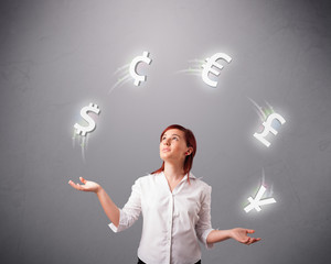 young lady standing and juggling with currency icons