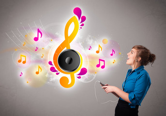 pretty girl singing and listening to music with musical notes