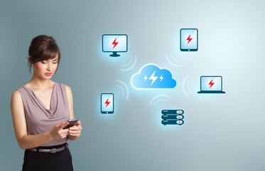 young woman holding a phone with cloud computing network